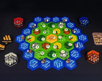 May include: A board game featuring a hexagonal map with terrain tiles, numbered tokens, and small plastic structures. Includes a building costs card, two achievement cards labeled Largest Army and Longest Road, and four sets of colored game pieces.