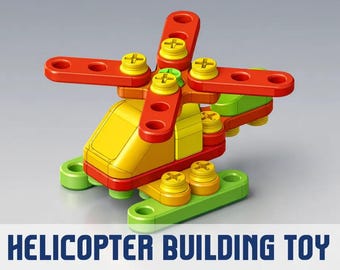 May include: A helicopter building toy constructed from red, yellow, and green plastic components held together by yellow screws. The toy features a main rotor with four blades, a cockpit, and a landing skid base. The text HELICOPTER BUILDING TOY is visible.