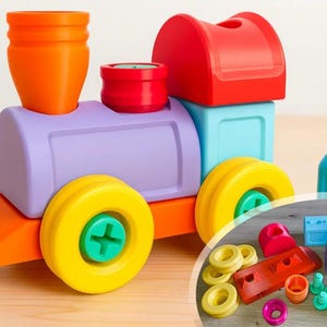 Könnte beinhalten: Ein bunter Spielzeugeisenbahn-Bausatz aus modularen Kunststoffteilen in Orange, Lila, Rot, Hellblau und Gelb, inklusive Schraubendreher. Ein eingeblendeter Kreis zeigt weitere zerlegte Bauteile wie Räder, Schrauben und Blöcke.