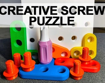 May include: A creative screw puzzle set featuring a white board with holes, a purple and white screwdriver, and various colorful plastic components including green, yellow, orange, and blue flat pieces with holes and several orange threaded screws.