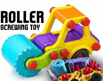 May include: A colorful plastic construction toy shaped like a road roller with the text ROLLER SCREWING TOY. The vehicle features a large turquoise front roller, a yellow frame, purple accents, and red screw-like fasteners throughout the assembly.