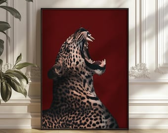 Red Roaring Leopard Art Print: Luxury Modern Home Decor (Digital Download)