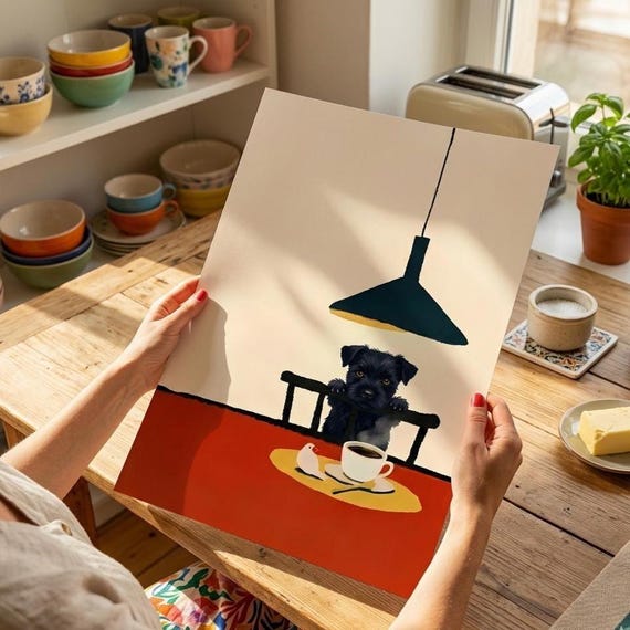 Sneaky Dog Coffee Print, Whimsical Kitchen Wall Art, Cute