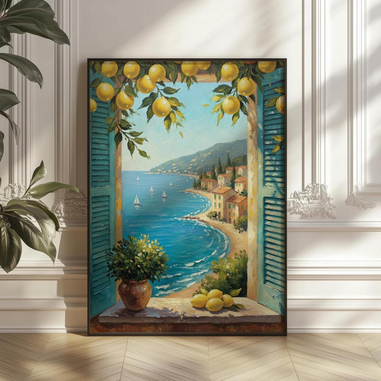 Mediterranean Window View Art Print: Coastal Lemon Tree Decor