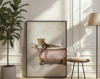 Leopard in Pink Bathtub Art Print, Modern Maximalist Decor (Digital Download)