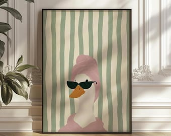 Funny Duck in Pink Towel Poster, Quirky Bathroom Decor, Cozy Sage Green Striped Poster, Eclectic Guest Bath Print (Digital)