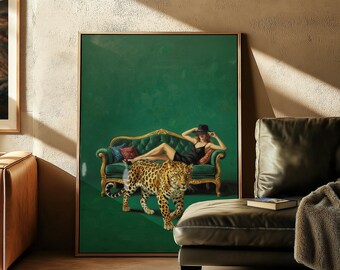 Femme Fatale Leopard Art Print: Emerald Green Maximalist Decor