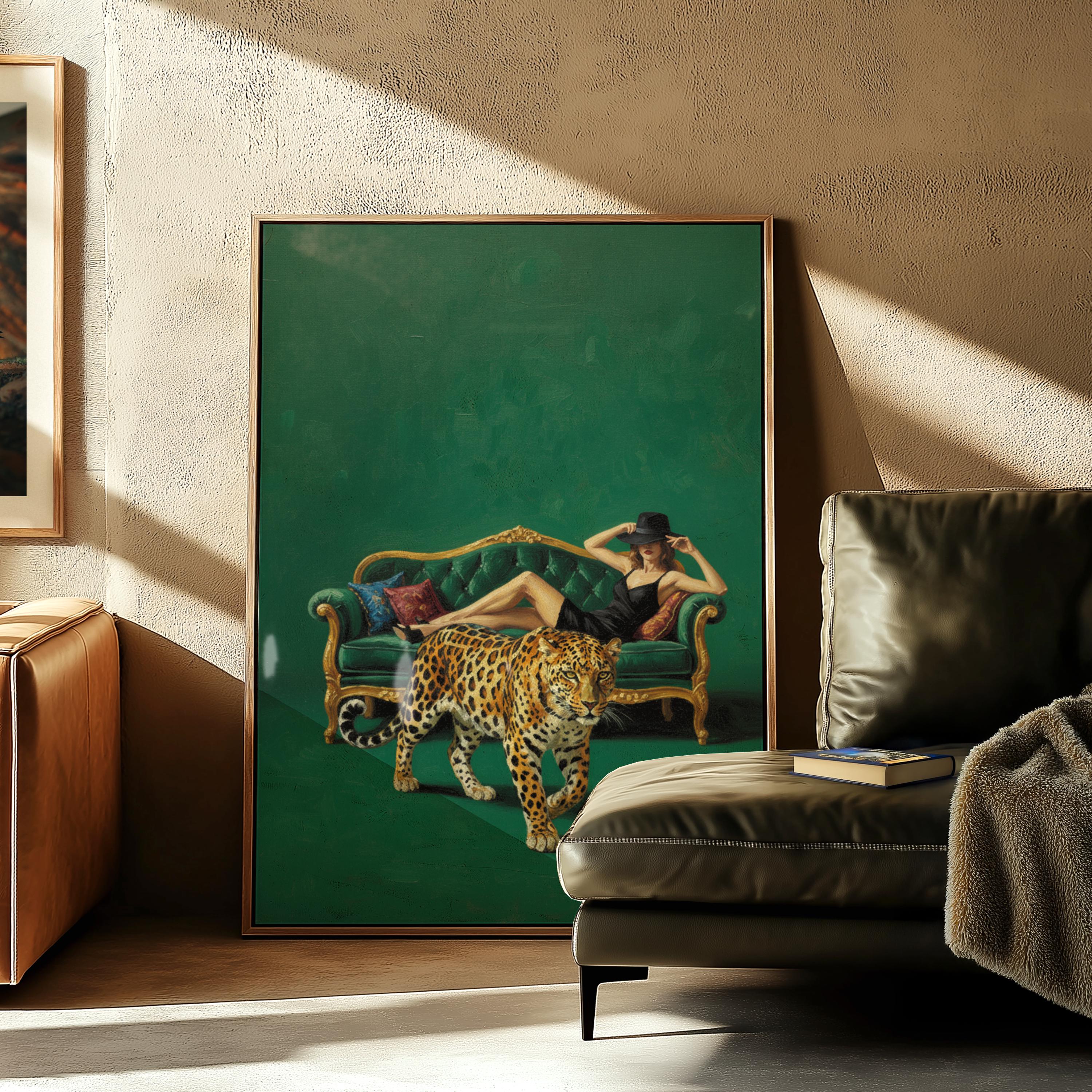 Femme Fatale Leopard Art Print: Emerald Green Maximalist Decor