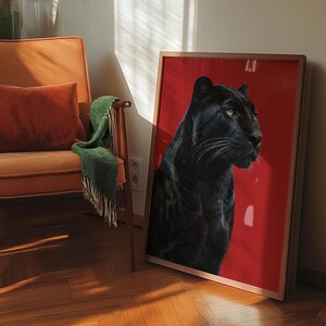 Funky red poster with a sleek black panther design, adding drama and sophistication to any gallery wall or interior. Printable digital art for instant download.