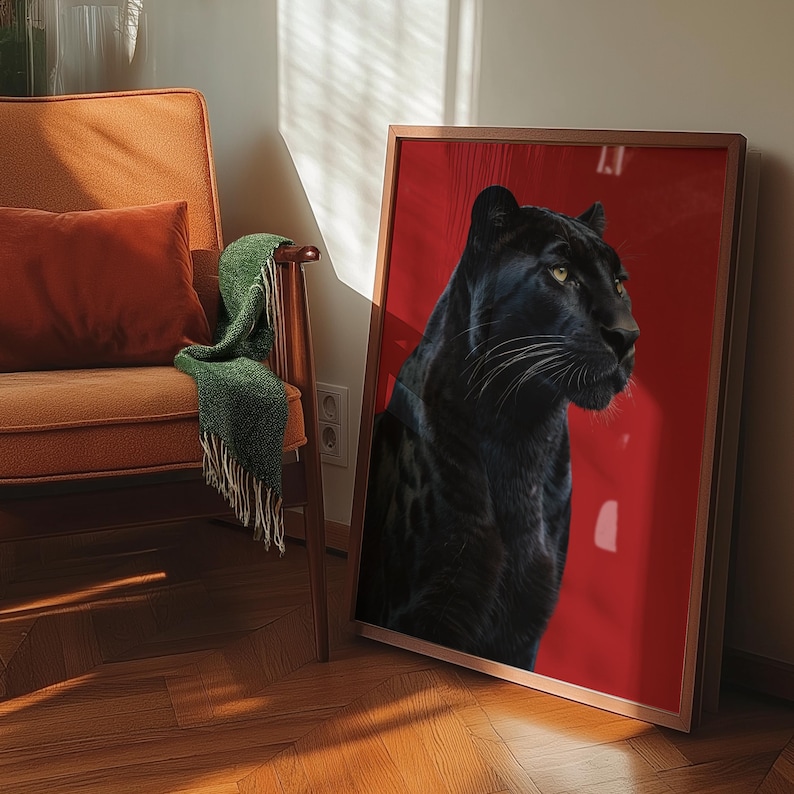 Funky red poster with a sleek black panther design, adding drama and sophistication to any gallery wall or interior. Printable digital art for instant download.