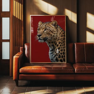 Stylish red and leopard poster blending modern design with retro vibes. A bold statement piece for hypebeast-inspired or luxury decor. Digital product available.
