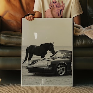 Vintage Porsche and Horse Art Print, Luxury Aesthetic Poster, Hypebeast Wall Decor, Vintage Car Poster, Porsche 911, Black/White, DİGİTAL