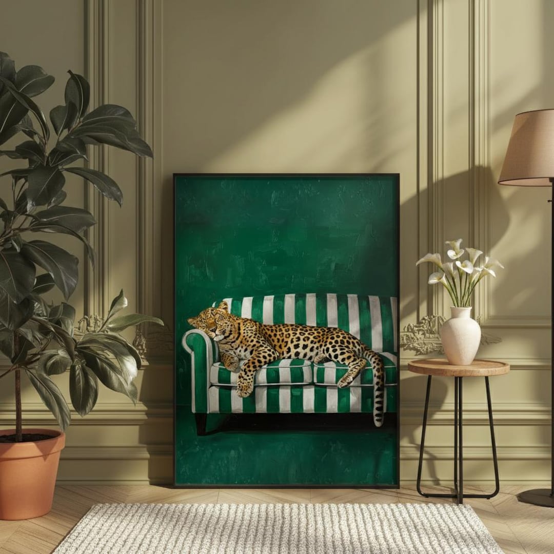 Emerald Green Leopard Art Print: Contemporary Maximalist Home