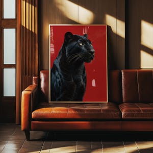 Stylish red and black poster featuring a panther, blending modern and retro vibes. A bold statement piece for hypebeast or luxury decor. Digital product.