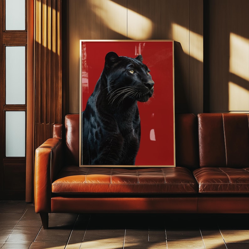 Stylish red and black poster featuring a panther, blending modern and retro vibes. A bold statement piece for hypebeast or luxury decor. Digital product.