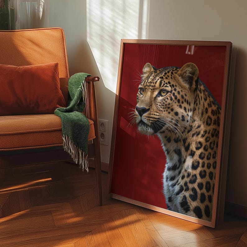 Funky red poster featuring a leopard, adding drama and sophistication to gallery walls or interior spaces. High-quality digital download artwork.