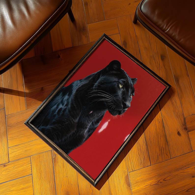 Chic black panther wall art with a bold red background. Ideal for retro-inspired or luxury interiors. Digital download product available.