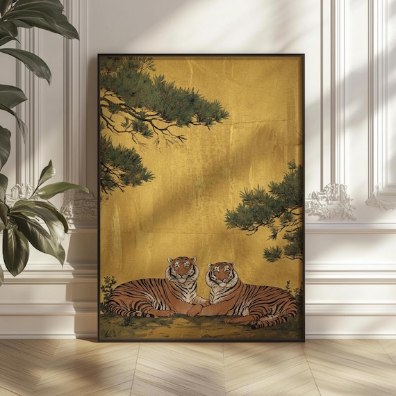 Japanese Tigers Wall Art, Vintage Woodblock Print, Traditional Oriental Animal Poster, Gold Background Zen Decor (Digital)