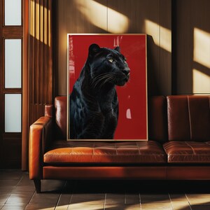 Elegant red aesthetic poster showcasing a black panther with fierce and powerful energy. Perfect for contemporary or maximalist spaces. Printable digital artwork.
