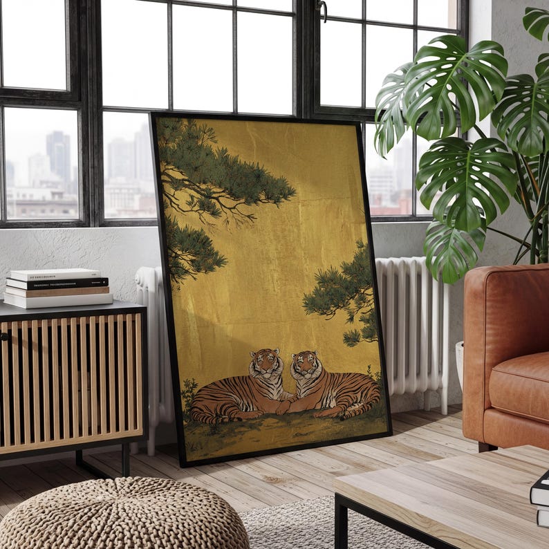 Japanese Tigers Wall Art, Vintage Woodblock Print, Traditional Oriental Animal Poster, Gold Background Zen Decor (Digital) image 3