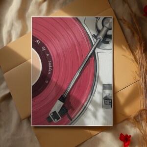 May include: A close-up of a vinyl record on a turntable. The record is a vibrant red with the words "All of a Sudden" printed on the label. The turntable arm is silver, and the background is a neutral beige.