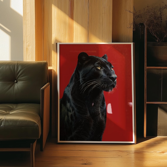 Black Panther Poster, Retro Red Wall Art (Digital Download)