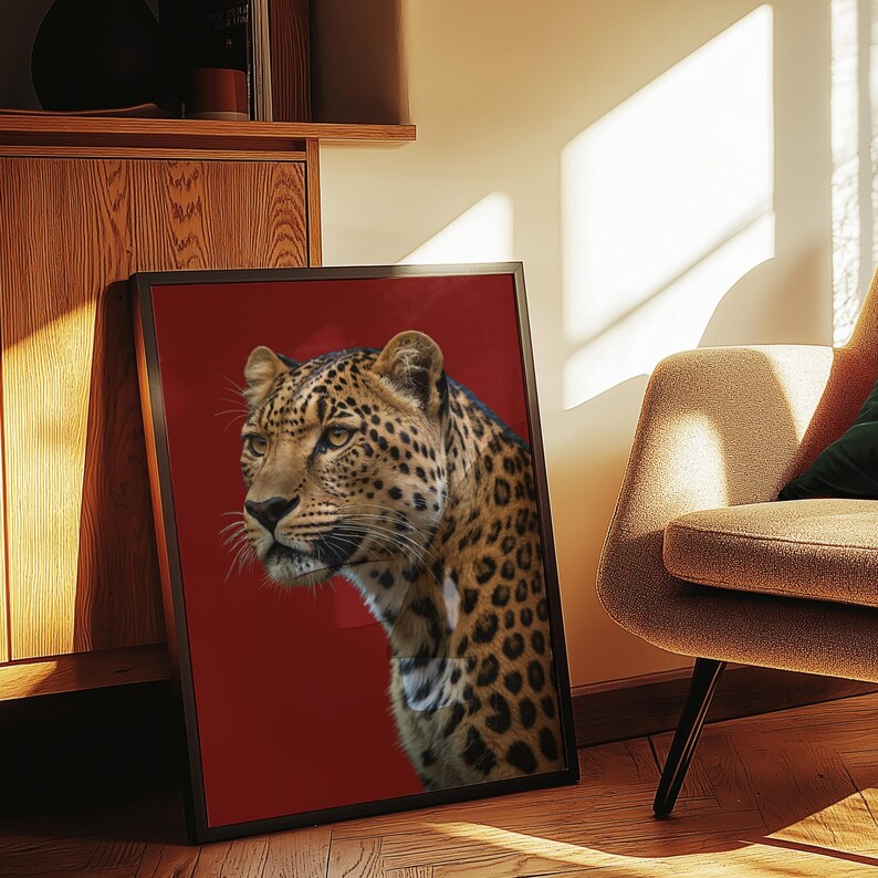 Modern leopard wall art with a vibrant red background, ideal for maximalist, hypebeast, or retro decor enthusiasts. High-resolution printable digital product.