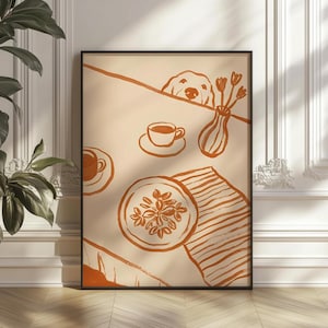 Puede incluir: Una impresión artística enmarcada con una ilustración caprichosa en tonos beige y naranja quemado. La obra representa una mesa con un perro asomándose, una taza de café, un plato de comida y un jarrón con flores. El estilo es minimalista.