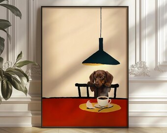 Sneaky Dog Coffee Print, Whimsical Kitchen Wall Art, Cute