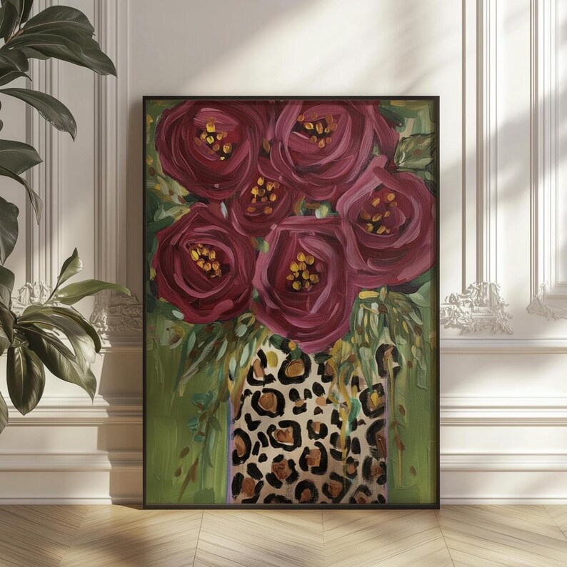 Wine Red Roses With Leopard Vase Poster: Maximalist Botanical Wall Art ...