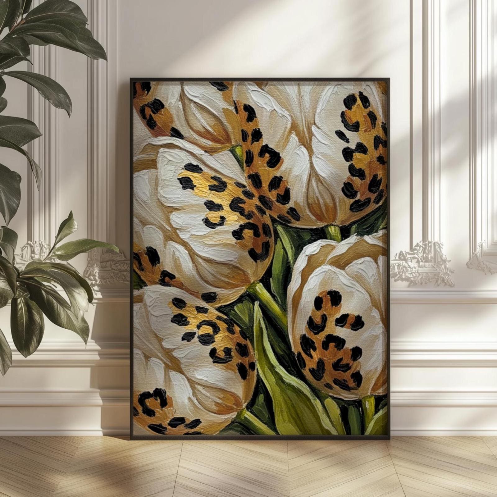 Leopard Tulip Poster: White Floral Botanical Art, Modern
