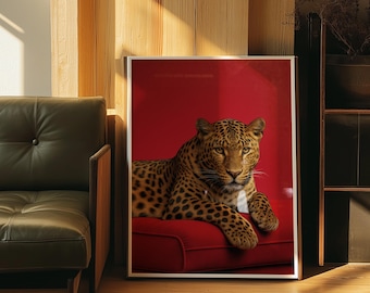 Leopard on Red Couch Print – Bold Fashion Wall Art, Modern Red Poster (Digital Download)