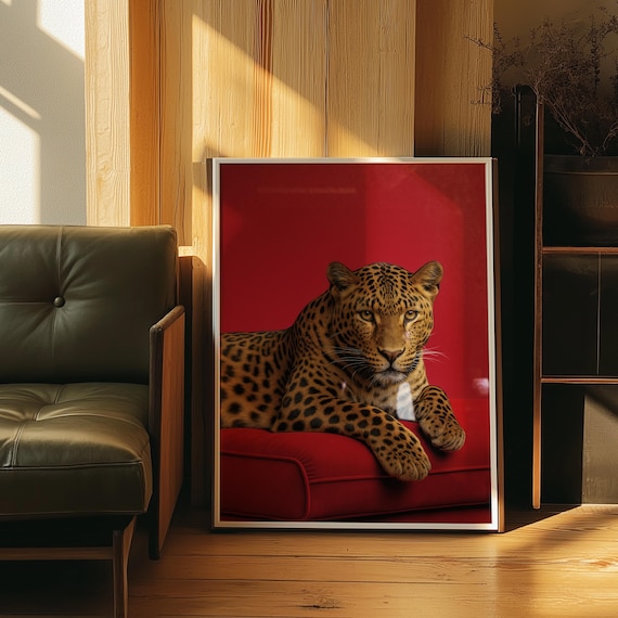 Leopard on Red Couch Print – Bold Fashion Wall Art, Modern Red