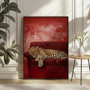 Sömnig leopardröd konsttryck | Modern maximalistisk väggdekoration (digital nedladdning)