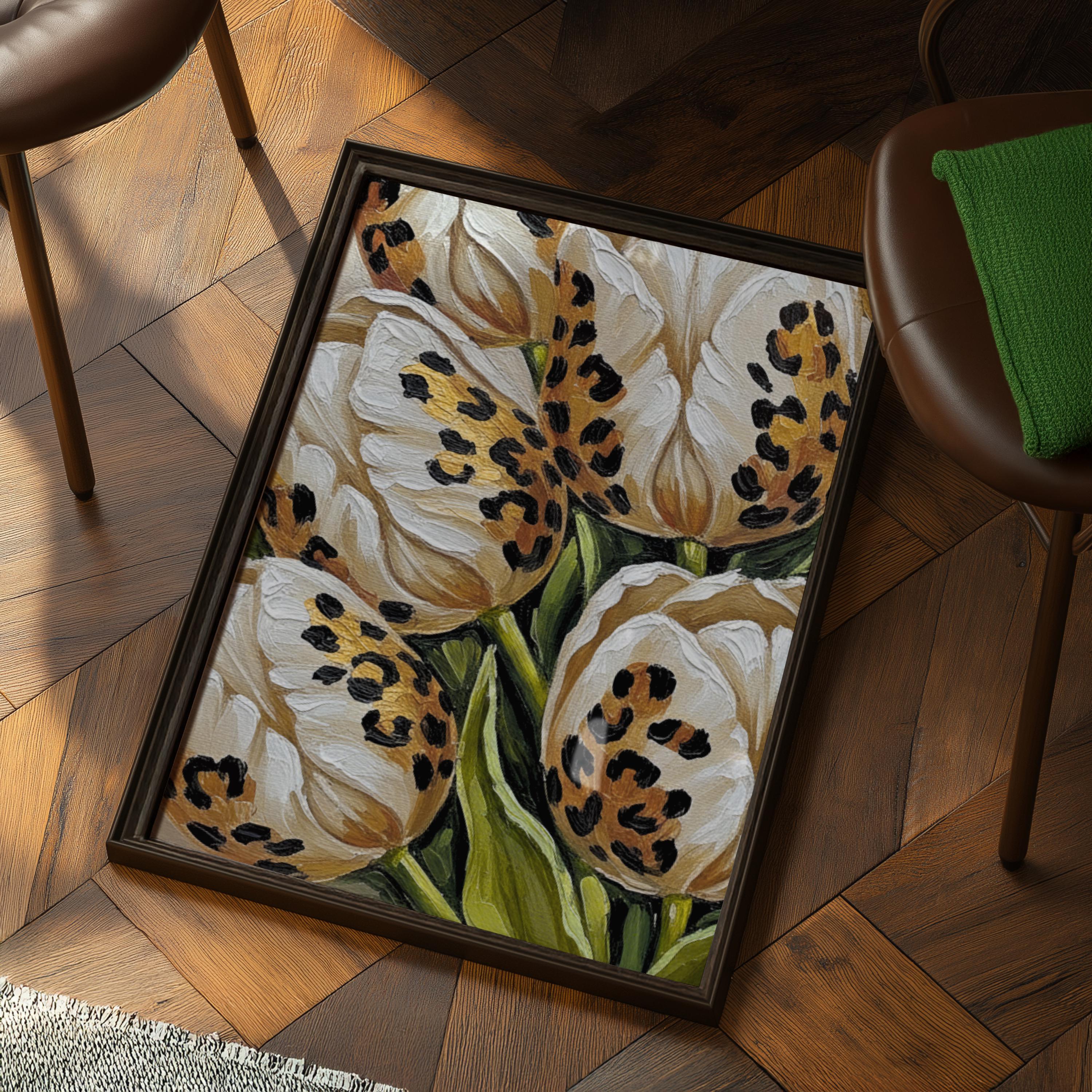 Leopard Tulip Poster: White Floral Botanical Art, Modern