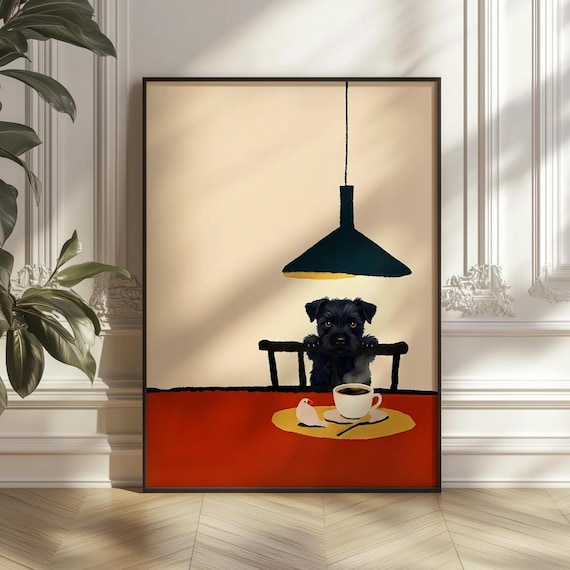Sneaky Dog Coffee Print, Whimsical Kitchen Wall Art, Cute