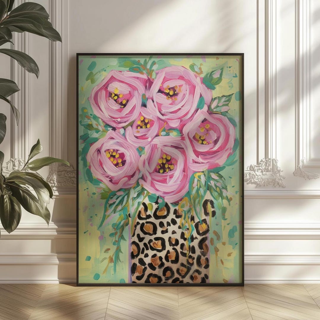 Pink Roses Leopard Vase Print: Maximalist Floral Art, Trendy Abstract ...