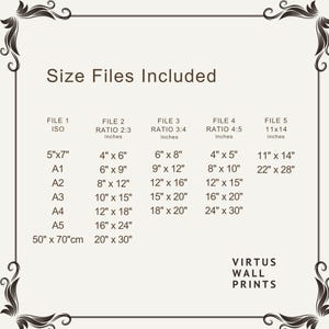 May include: A beige print with a decorative border lists size files for wall art. Sizes include 5"x7", 4"x6", 6"x8", 4"x5", and 11"x14", along with A1, A2, A3, A4, and A5 sizes. The text "VIRTUS WALL PRINTS" is at the bottom.