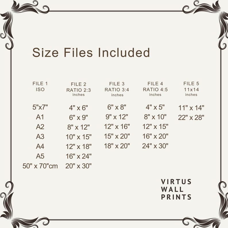 May include: A beige print with a decorative border lists size files for wall art. Sizes include 5"x7", 4"x6", 6"x8", 4"x5", and 11"x14", along with A1, A2, A3, A4, and A5 sizes. The text "VIRTUS WALL PRINTS" is at the bottom.