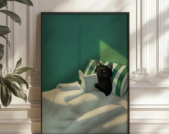 Black Cat Reading Print: Emerald Green Cosy Bedroom Poster, Book Lover Art (Digital Download)