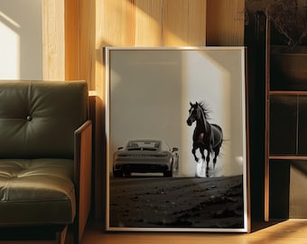 Poster sportwagen en paard, luxe autokunst (digitale download)