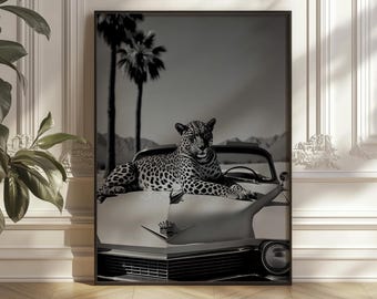 Retro Leopard on Car Print, Black and White, Luxury Wall Art (Digital Product)