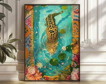 Lámina con estampado de leopardo en piscina, arte mural tropical maximalista, póster bohemio colorido de la jungla, descarga digital para decoración ecléctica del hogar.
