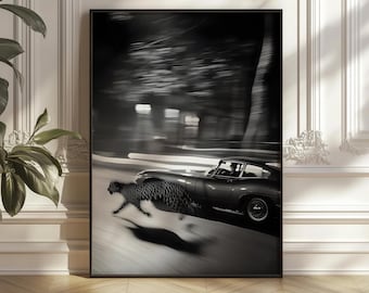 Leopard & Vintage Car Art Print, Modern Automotive Poster (Digital)