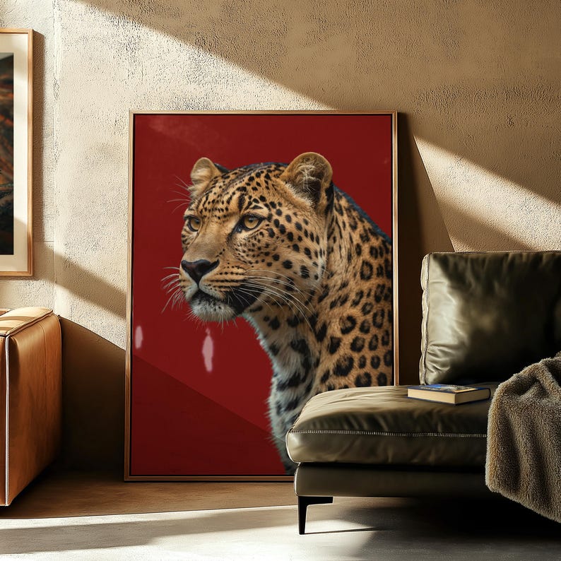 Bold leopard poster in red tones, perfect for luxury apartments, modern offices, or retro-themed interiors. Printable digital wall art for instant download.