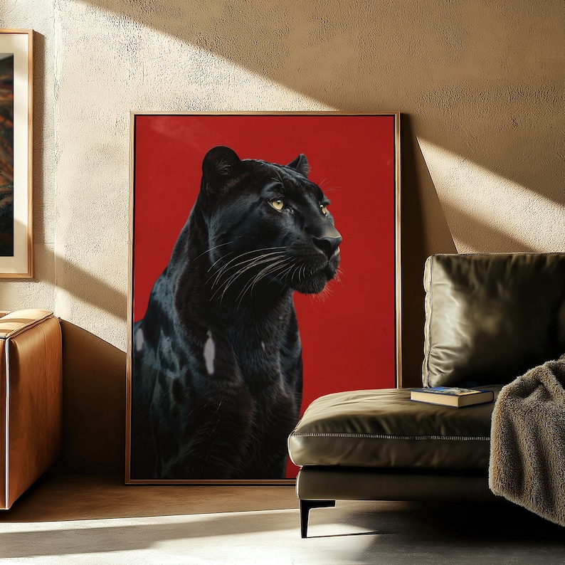 Bold panther poster in red and black tones, perfect for luxury apartments, offices, or retro-themed interiors. High-quality digital download artwork.