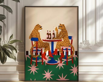 Funky Leopards Drinking Beer Bar Art, Quirky Animal Wall Art, Eclectic Maximalist Decor, Retro Pop Art Print, Mid Century Poster (Digital)