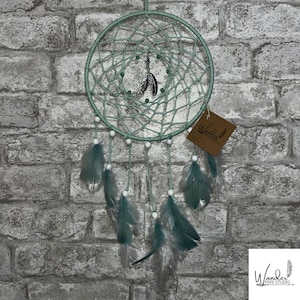 Light Mint Green Turquoise Dreamcatcher with Feathers –Handmade Boho Wall Hanging  Spiritual Bedroom Decor Native-Inspired Gift Feather