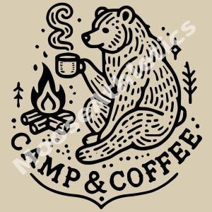 Ilustración vectorial digital de Vintage Camp & Coffee Bear: descarga digital (SVG, EPS, PNG)
