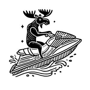 May include: A black and white illustration of a moose riding a jet ski. The moose is wearing a life jacket and has a determined expression on its face. The jet ski is moving through the water, creating a spray of water behind it.